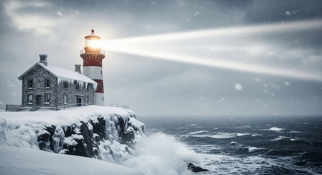 Old snow-covered lighthouse stands firm against stormy winter coast with bright beam of light guiding the way - Powered by Adobe