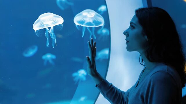 Woman observing jellyfish in aquarium