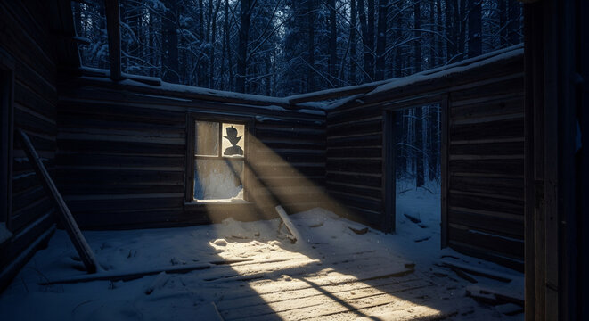Abandoned cabin in snow-covered forest reveals enchanting low light scene