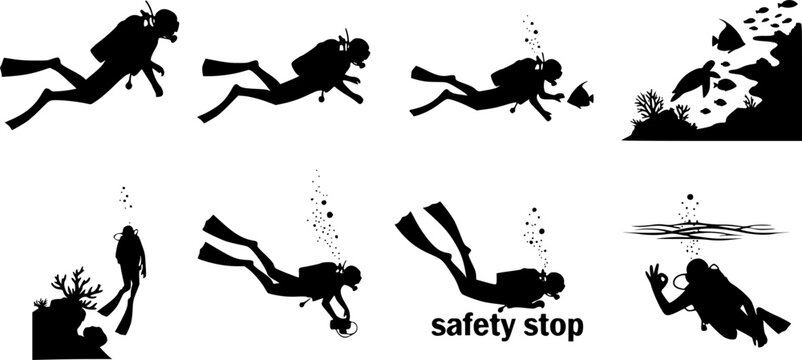 Scuba diving silhouettes, Diver silhouette, Scuba diving vector, Scuba diver, Free diving silhouette, Scuba diving