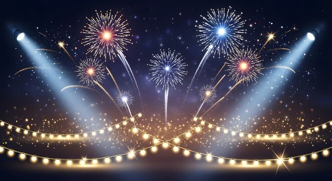 Celebration fireworks with spotlights and string lights on dark background.