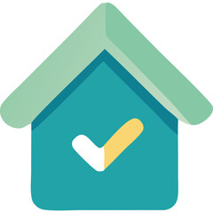 Teal house icon with a yellow and white checkmark against a clean transparent background symbolizing a successful task or verification