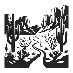 Silhouette Graphic Desert Landscape with Cactus and Winding Road Illustration