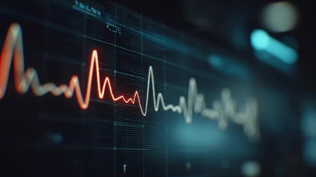 Animated Cinematic Close Up of a Heart Beat Monitor Displaying Pulsing ECG Waves and Dynamic BPM Rhythm, Showcasing High Tech Medical Vital Signs in a Dramatic Futuristic Healthcare Scene Visuals