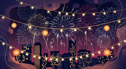 City skyline illuminated by vibrant fireworks and festive string lights