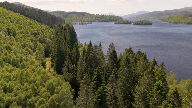 low level forward flight over trees and the water of Loch Garry Scotland with wind across the water surface and motion of the trees 