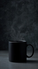 A black coffee mug with steam rising, set against a dark textured background, creating a moody and contemplative atmosphere.
