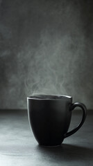 A steaming black coffee mug against a dark background, evoking warmth and comfort. Ideal for coffee or beverage-related themes.