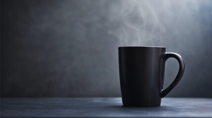 A steaming black coffee mug on a dark surface, emitting vapor. Ideal for themes of warmth, comfort, and relaxation in beverage photography. Black Friday background
