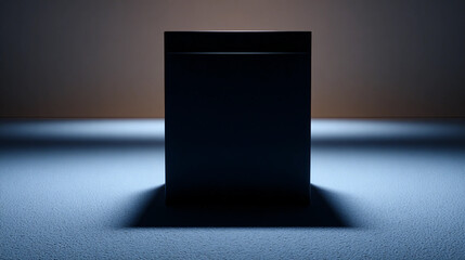 A black cube stands out against a softly lit background, casting shadows on the surface. Perfect for minimalistic and abstract concepts, product or marketing background