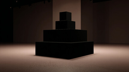 Abstract black installation art featuring stacked cubes in a minimalist gallery space under soft lighting, creating a striking visual contrast. Product background suitable for marketing
