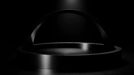 Abstract black sculpture on a circular base, featuring a smooth dome shape, highlighting minimalist design and contrast against a dark background. Black background for marketing