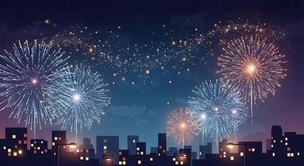 Obraz premium City skyline at night illuminated by a vibrant fireworks display