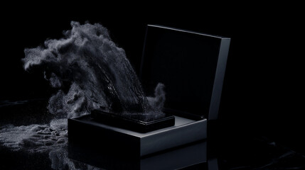 An artistic representation of a black box bursting with smoke, symbolizing mystery and creativity within a dark, atmospheric setting. Black Friday offer