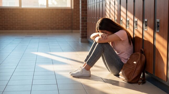 Student sitting on school floor with backpack, feeling sad  
