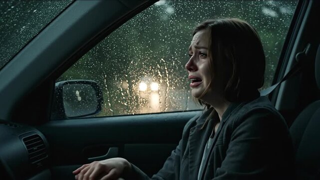 The woman crying in the car under the rain. depression concept, la mujer llorando en el coche bajo la lluvia. concepto de depresi&oacute;n. A woman sits in her automobile during rainy weather,