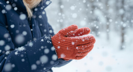 Cozy seasonal warmth as gloved hands hold shimmering decorative holiday lights outdoors
