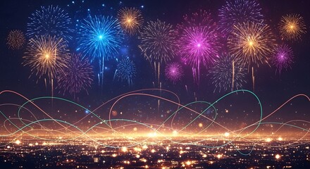 Vibrant fireworks illuminate a cityscape at night with abstract light trails