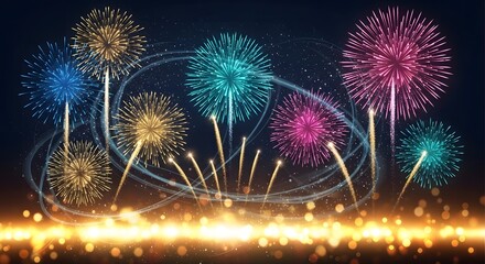 Colorful fireworks exploding in night sky with bokeh lights effect