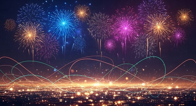 Vibrant fireworks illuminate a cityscape at night with abstract light trails