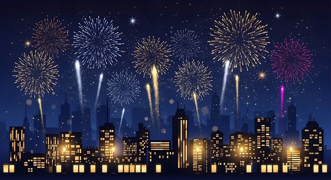 City skyline illuminated by vibrant fireworks under a starry night sky