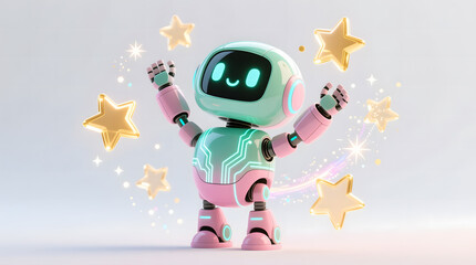 Cute robot celebrating a fitness achievement with glowing stars and a victory pose.