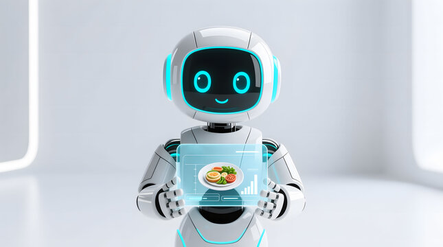 Futuristic wellness robot organizing personalized meal plans on a large holographic interface.