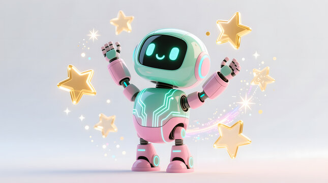 Cute robot celebrating a fitness achievement with glowing stars and a victory pose.