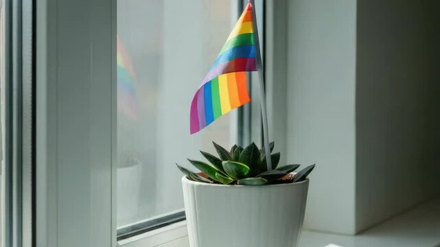 Hands placing small rainbow flag in potted plant, symbolizing LGBTQ+ pride