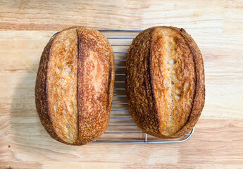 Freshly baked organic brown whole wheat loaf on a wooden board