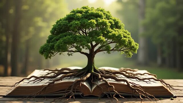 The tree growing roots ovet the open book. Geneology concept features The tree growing roots ovet the open book against nature landscape, tree with roots on book growing in surreal conceptual scenery