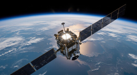 A modern satellite orbits Earth, with expansive blue oceans and white clouds below. Sunlight reflects off its solar panels, highlighting global communication technology in space.