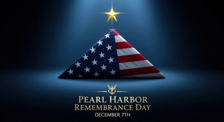 Folded American flag with a gleaming golden star Commemorating Pearl Harbor Remembrance Day on December 7th. A patriotic tribute to military history.