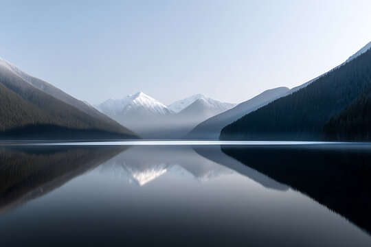 mountain lake scene, tranquil alpine lake mirroring snowy mountains creates a serene, calm, and minimal atmosphere with soft light
