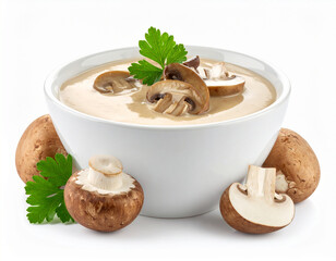 A bowl of mushroom gravy isolated on a white background