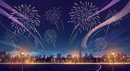 City skyline with fireworks and starry night sky, festive celebration