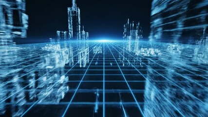 Digital futuristic cityscape glowing with holographic buildings and grid lines, virtual technology innovation creating immersive high tech atmosphere and innovative digital environment - Powered by Adobe