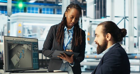 Engineer in photovoltaics factory sending worker to repair malfunctioning systems. Solar panels...