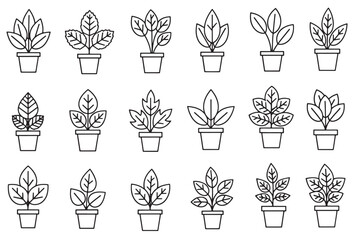 Multiple potted plant line art icons featuring varied leaf shapes arranged in rows expressing growth nature greenery and botanical 