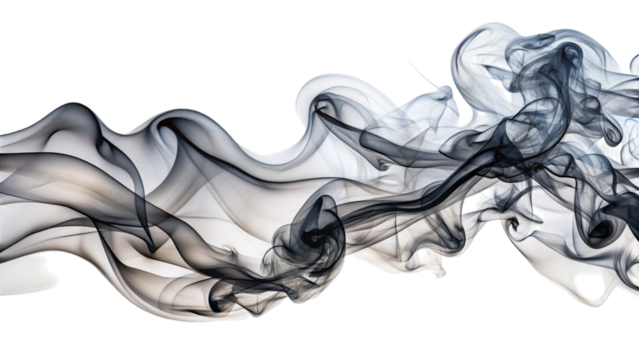 Wispy ethereal trails of dark gray and white smoke, swirling and flowing, cutout, PNG, isolated on white or transparent background, AI