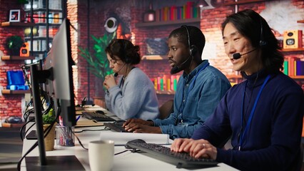 Technical support specialist in call center office using AI LLM chatbot to troubleshoot customer connectivity issue through step by step guidance, using artificial intelligence, camera B