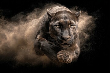 A powerful black panther lunges forward through a cloud of dust against a dark background, exuding raw strength and intensity.