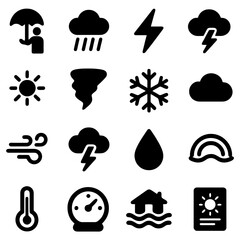 Naklejka premium Weather Icons: A collection of weather icons, meticulously designed to communicate various climatic conditions, offering clear and concise visual representations.