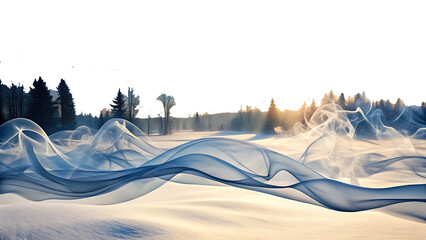 Ethereal wisps of blue and white smoke, flowing over a snowy landscape with silhouetted trees, cutout, PNG, isolated on white or transparent background, AI