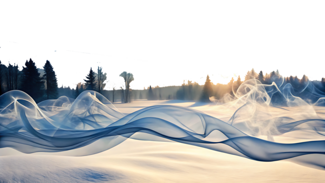 Ethereal wisps of blue and white smoke, flowing over a snowy landscape with silhouetted trees, cutout, PNG, isolated on white or transparent background, AI - Powered by Adobe