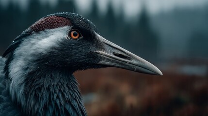 Naklejka premium A close-up portrait of a crane bird with detailed feathers and a sharp beak, set against a misty forest backdrop.
