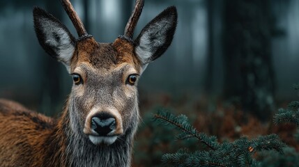 A close-up of a deer with antlers gazing into the camera in a misty forest setting.