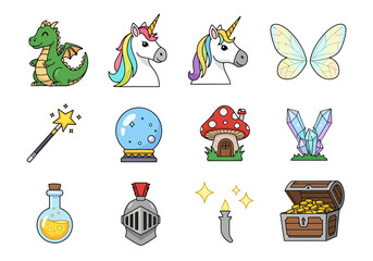 Enchanting Fantasy Icons Dragons, Unicorns, and Magic Elements