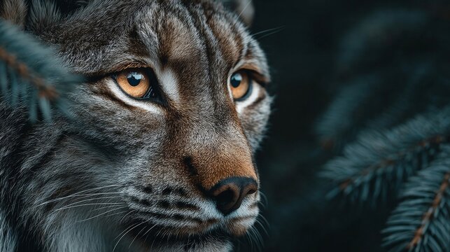 A close-up of a lynx's face with intense amber eyes, surrounded by pine branches in a forest setting. - Powered by Adobe