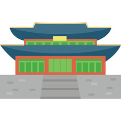 Traditional Korean Palace Architecture With Blue Roof and Red Walls Set Against a Simple Grey Stone Base Detailed Pixel Art Style Illustration